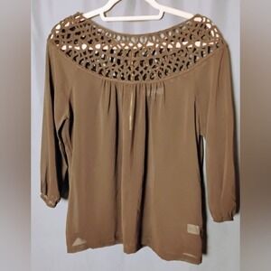 Umgee USA Brown Crochet Yoke Blouse Womens M Back Zip Boho Tunic Long Sleeve Top